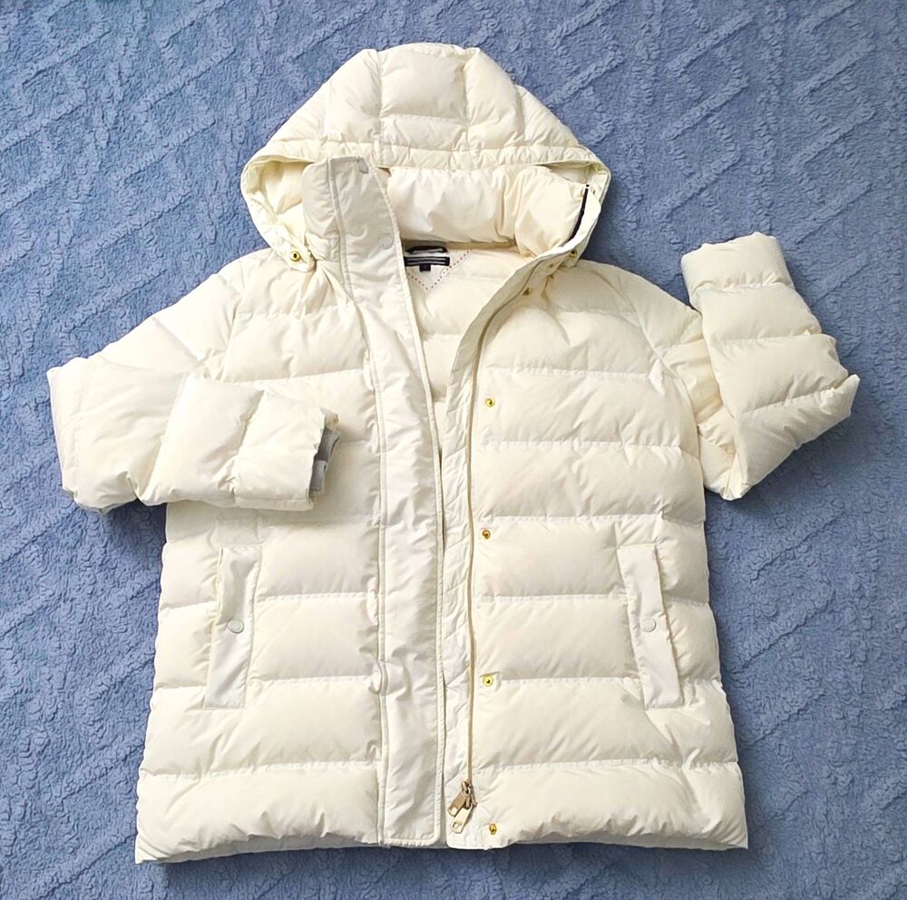 Tommy Hilfiger Women's White Hooded Down Puffer Jacket Short Coat Size M